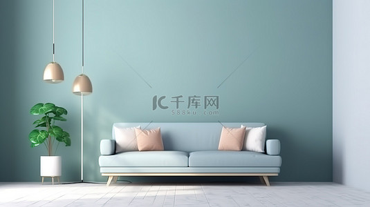 落地页长图背景图片_家庭室内模型中蓝色墙壁背景和舒适沙发的 3D 渲染