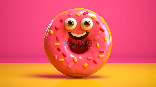 黄色背景的 3D 渲染，其吉祥物特征是大草莓釉面甜甜圈，带有粉红色调和红心装饰