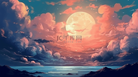 夜晚云背景图片_月亮山峰大海红云太阳开心