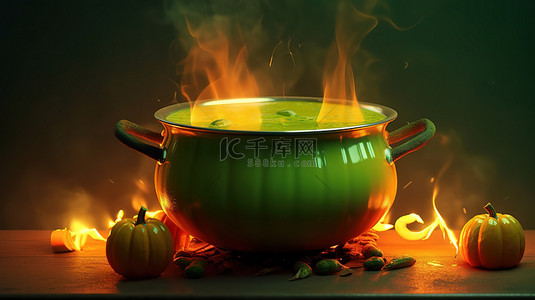 以万圣节南瓜为特色的当代 3D 横幅，一个女巫的大锅，里面有沸腾的绿色液体