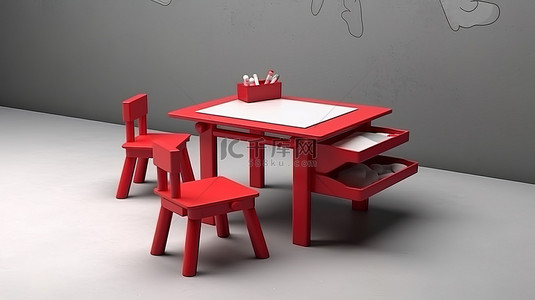 红色单色幼儿园家具儿童绘画桌等距3D渲染