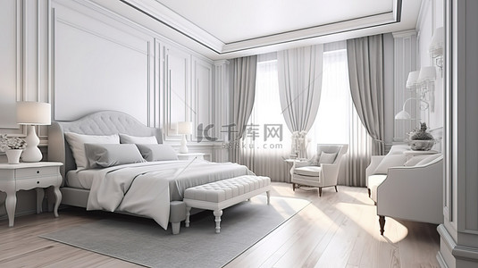 3D 渲染卧室中配有白色家具的经典内饰的现代风格