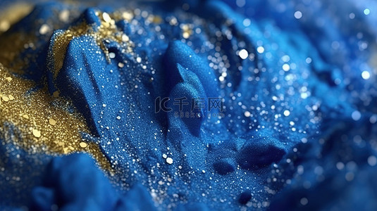抽象背景蓝色粉末和金色闪闪发光的 3D 艺术品特写