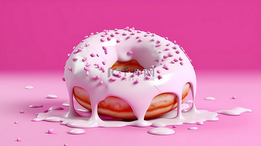 粉红色背景上的奶油白色顶部特写 3D 渲染甜甜圈