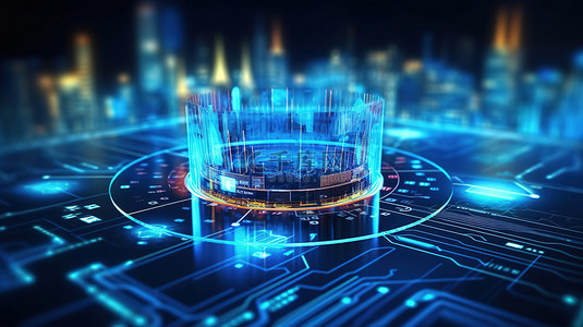 科技数据界面背景图片_金融创新和增长概念 3D 渲染充满活力的数字业务界面在模糊的蓝色背景上