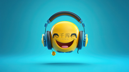 蓝色背景上戴着耳机的音乐表情符号的 3D 渲染