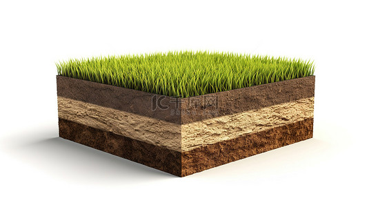 土壤下的土层 3d 渲染白色背景上的绿草广场