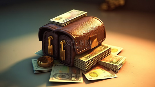 财富钱袋硬币堆信用卡钱包的 3D 渲染插图