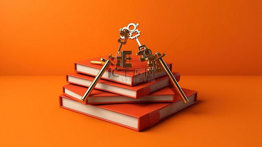 教育logo背景图片_解锁知识 3D 书籍和充满活力的橙色背景上的钥匙