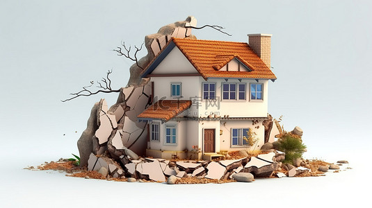 裂缝背景图片_带有明显裂缝的房屋的独立 3D 插图