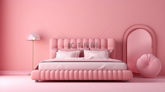粉色房间背景图片_浅色背景上的最小 3D 渲染软粉色床和房间配件，具有充足的复制空间