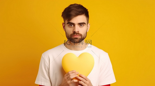 身穿白色 T 恤的迷人美国男子在情人节展示了一颗手工制作的 3D 纸心，黄色背景，带有文字空间