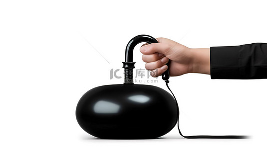 3D 渲染的黑色手空气泵入带有成功标志的气球的白色背景插图
