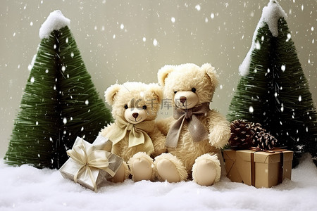 可爱文本背景图片_两只泰迪熊坐在雪地里的一根木头上