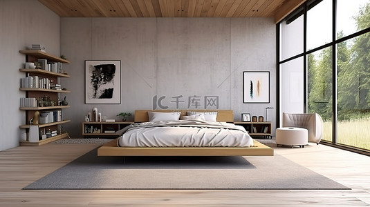 简约设计的木质阁楼卧室的时尚 3D 渲染