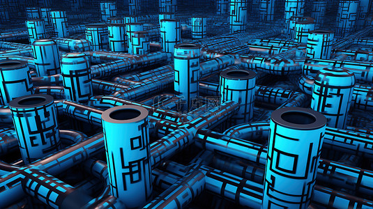 蓝色背景上钢管迷宫和 QR 码的 3D 插图