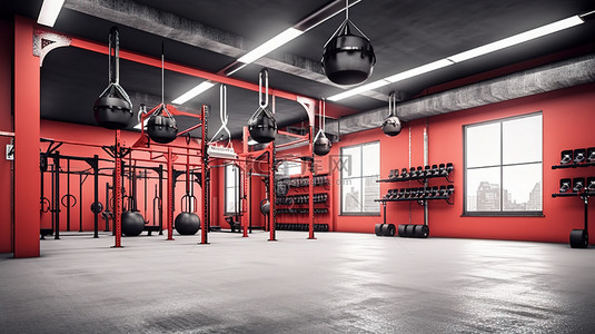 健身房背景图片_用于健身房和 Crossfit 锻炼的横流设备的 3D 渲染