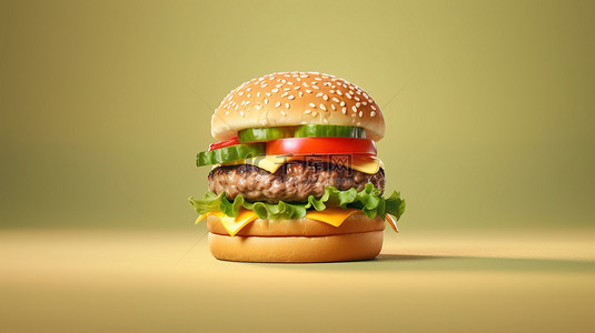 芝士奶酪背景图片_美味汉堡的 3D 插图，配有番茄生菜奶酪洋葱和充足的复制空间