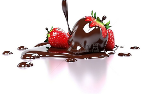 白色巧克力背景图片_白色背景上巧克力酱中草莓果实的 3d 渲染