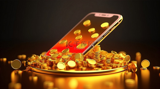 3D渲染通过充满金币的智能手机显示屏在线赚钱