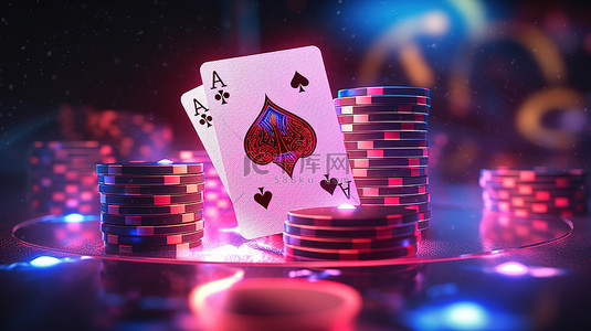 照明霓虹灯赌场筹码和扑克牌的 3d 渲染
