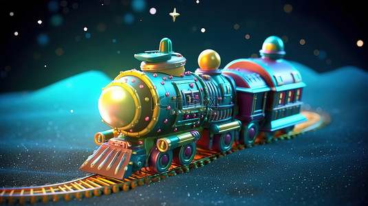 异想天开的玩具火车在 3D 渲染中翱翔在宇宙中