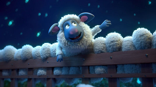 异想天开的卡通可爱羊在星夜令人惊叹的 3D 渲染下跳过栅栏