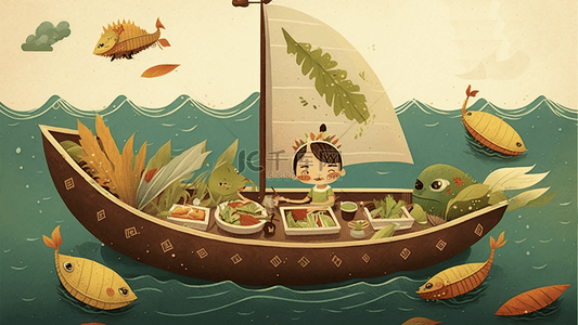 端午节龙舟鱼儿童卡通背景