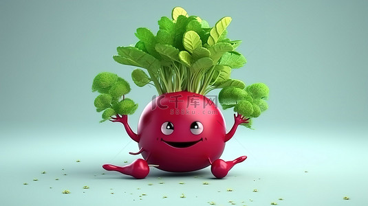 植物营养背景图片_1 可爱的卡通甜菜 3d 渲染插图，带有一张笑脸萝卜