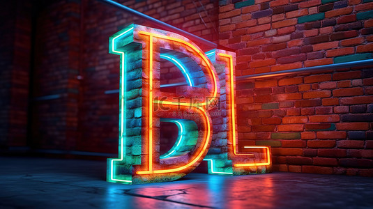 字母创意背景图片_3D 渲染的霓虹灯字母在砖背景下照亮