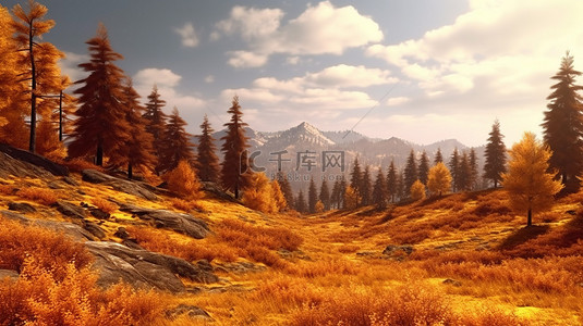 森林山顶背景图片_火热的秋季森林令人惊叹的 3D 插图，山峦和树木，有黄色和橙色的叶子