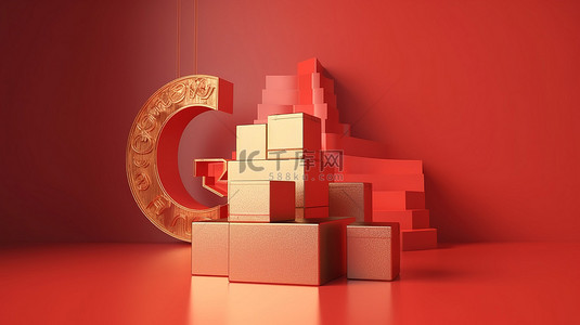 红色和金色主题讲台 3D 渲染，以“中国新年销售”口号为特色