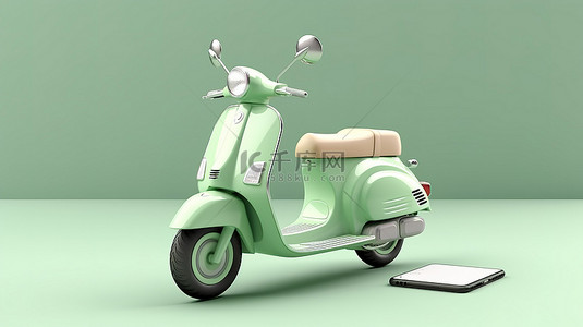 摩托车背景图片_带有柔和绿色摩托车的手机的 3D 插图，用于在线送货服务