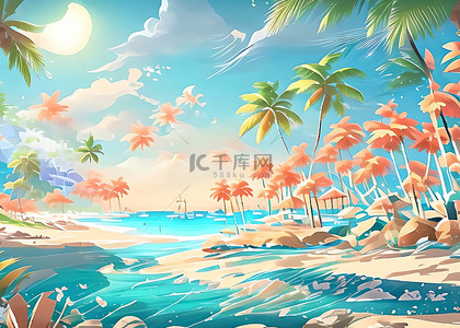 沙滩背景图片_海滩浪漫海滨椰树插画