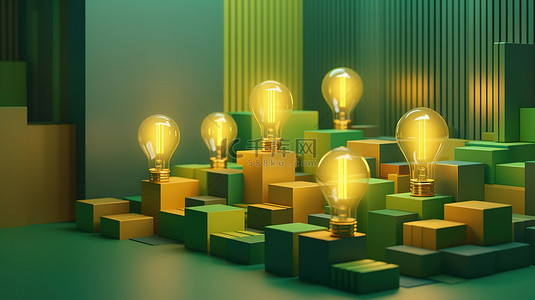 绿色和黄色色调的几何平台设计以 3D 呈现的灯泡的概念组合