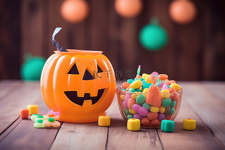 万圣节背景图片_橙色的杰克灯笼坐在装满糖果的木桌上