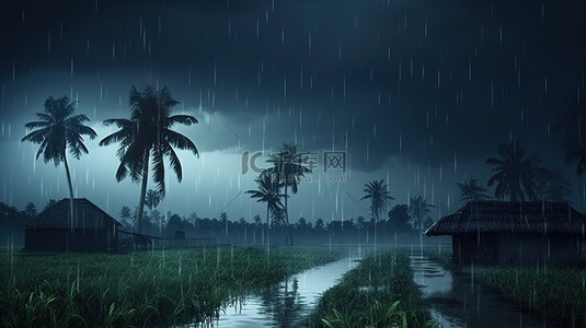 下雨插画背景图片_不祥的云彩和阴沉的天空 3d 渲染上的猛烈倾盆大雨