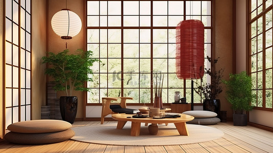 日本风格客厅内部的 3D 渲染