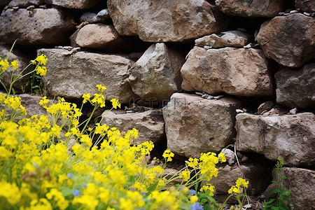蓝色花田背景图片_石墙上有黄色和蓝色花朵的岩石