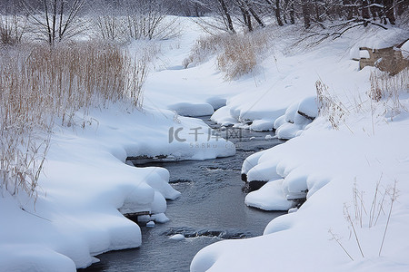 br起来背景图片_一条白雪覆盖的小溪，看起来像小池塘