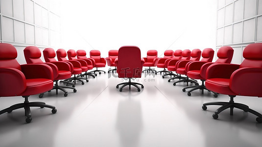 公司会议红色皮革行政椅位于白色背景 3D 渲染上的一系列座椅中