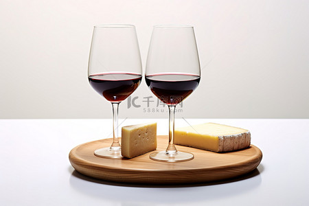 木板上的两个红酒杯和奶酪