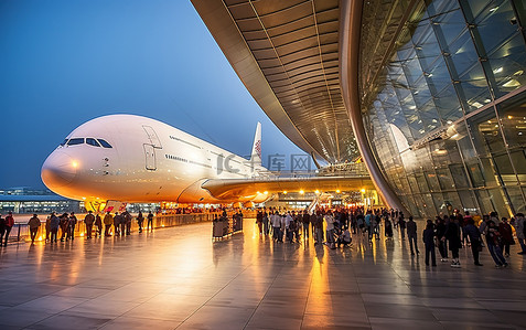 机场行李箱外国人背景图片_空中客车 A380 Dhi 迪拜机场