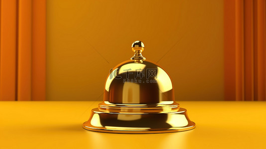 豪华酒店服务铃位于金色底座上，与充满活力的黄色背景 3D 渲染相匹配