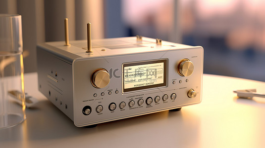 音乐的播放器背景图片_带有网络接收器 CD 和 MP3 播放器的样机微型 Hi Fi 立体声系统的 3D 渲染