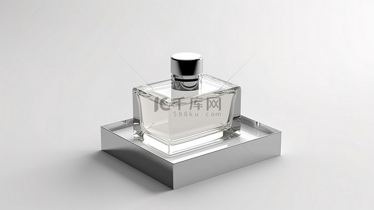 3D 渲染一个硬盒的插图，其中包含一个用于品牌推广的空香水瓶