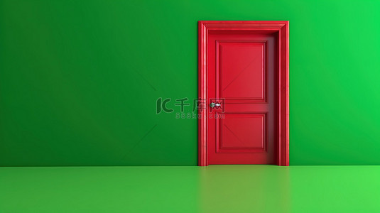 大屏背景图片_充满活力的红色门揭示了绿屏色度键 3D 渲染