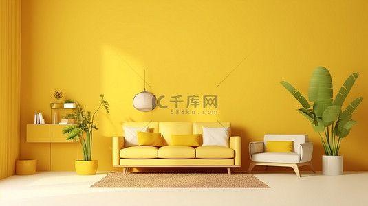 现代客厅的 3D 渲染，采用黄色配色方案室内和建筑设计概念