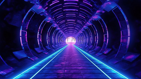 未来派 3D 艺术穿越一条带有霓虹灯照明的晦涩通道