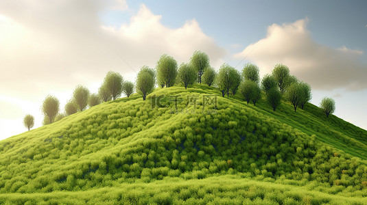 3d 渲染的连绵起伏的山丘和郁郁葱葱的树林的场景